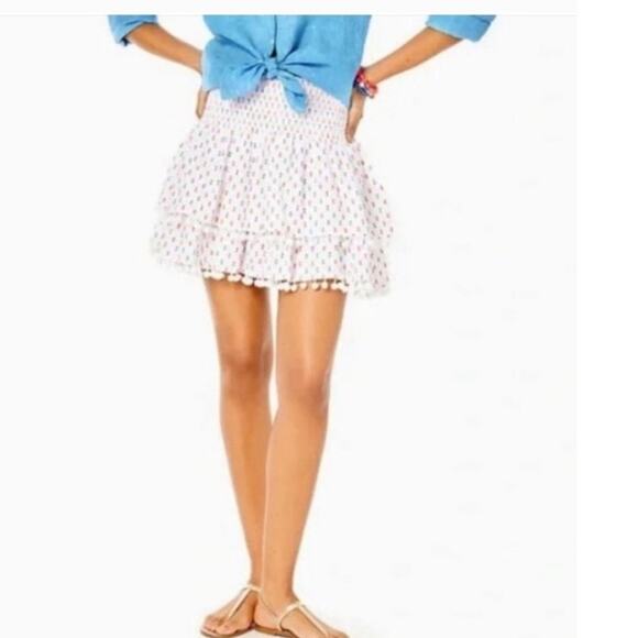Lilly Pulitzer Ethenia Tiered Smocked Waist Skirt Pom Pom Details XXS Festival - Picture 8 of 9